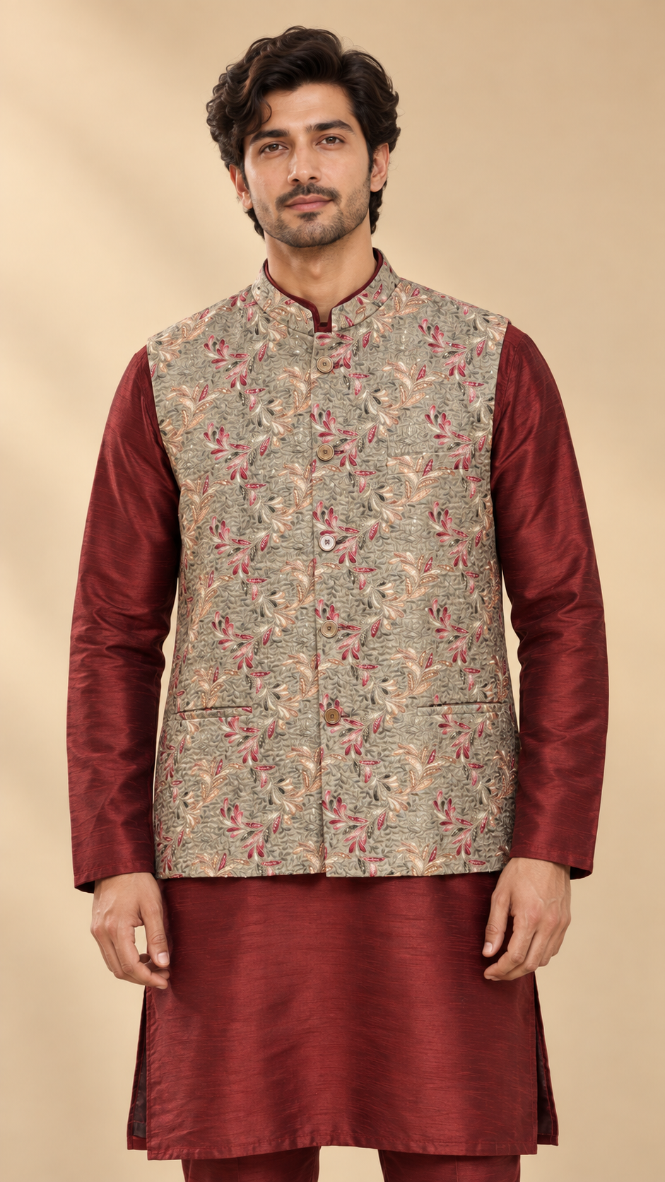 Maroon Printed Waistcoat Kurta Set