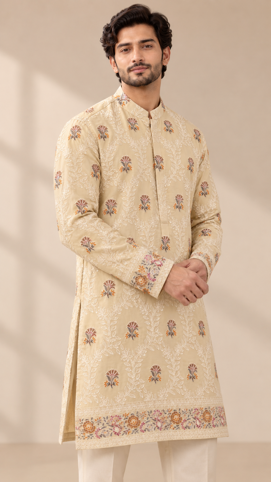 Beige Floral Printed Kurta Pajama Set