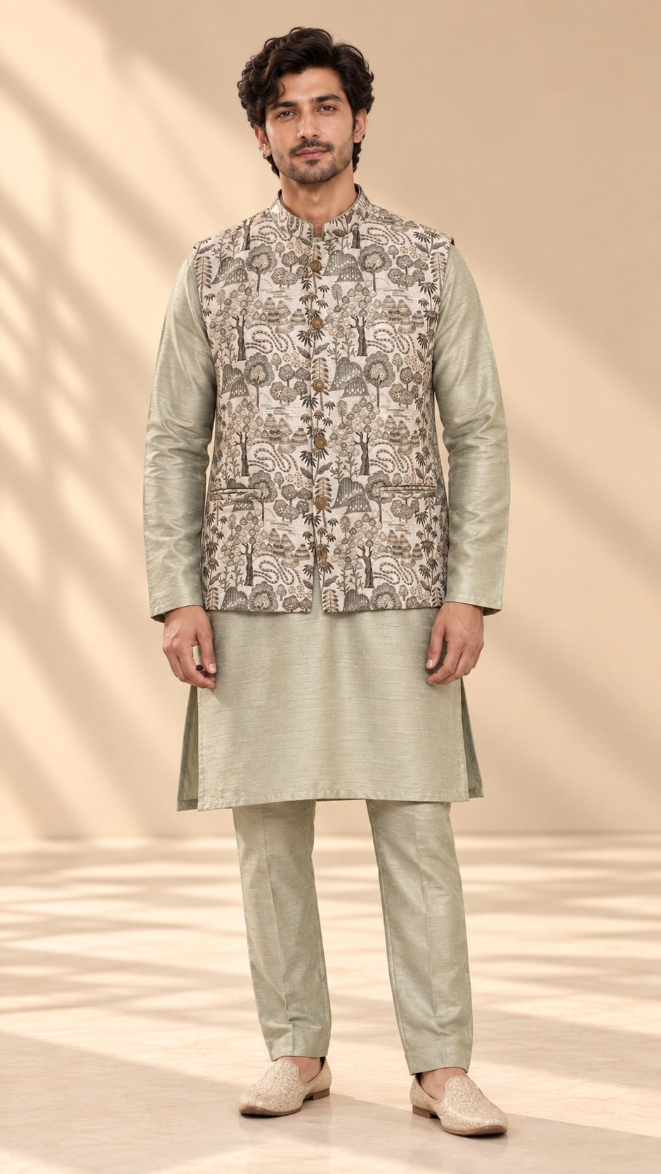 Sage Green Printed Waistcoat Set