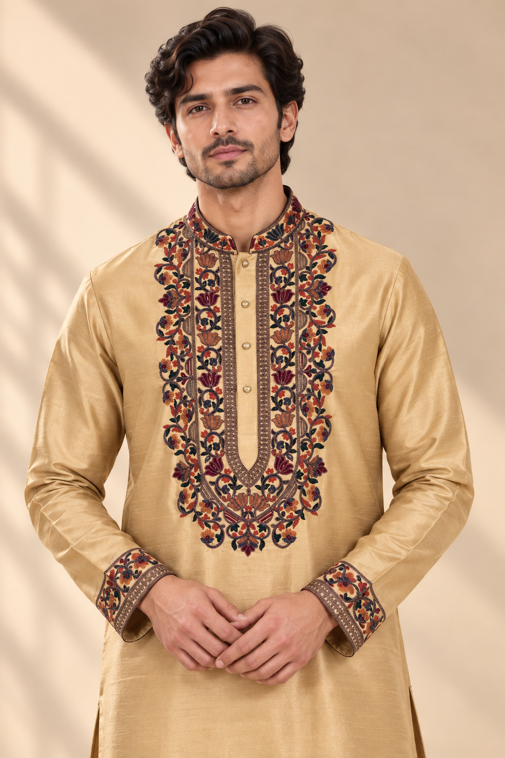 Golden Silk Embroidered Kurta