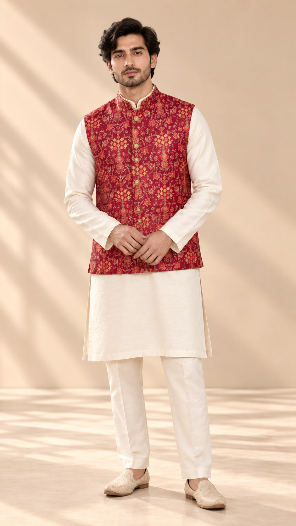 Ruby Maroon Printed Waistcoat Set