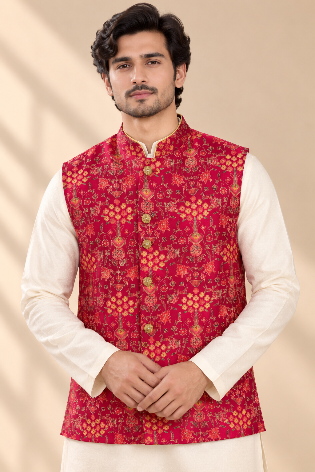 Ruby Maroon Printed Waistcoat Set