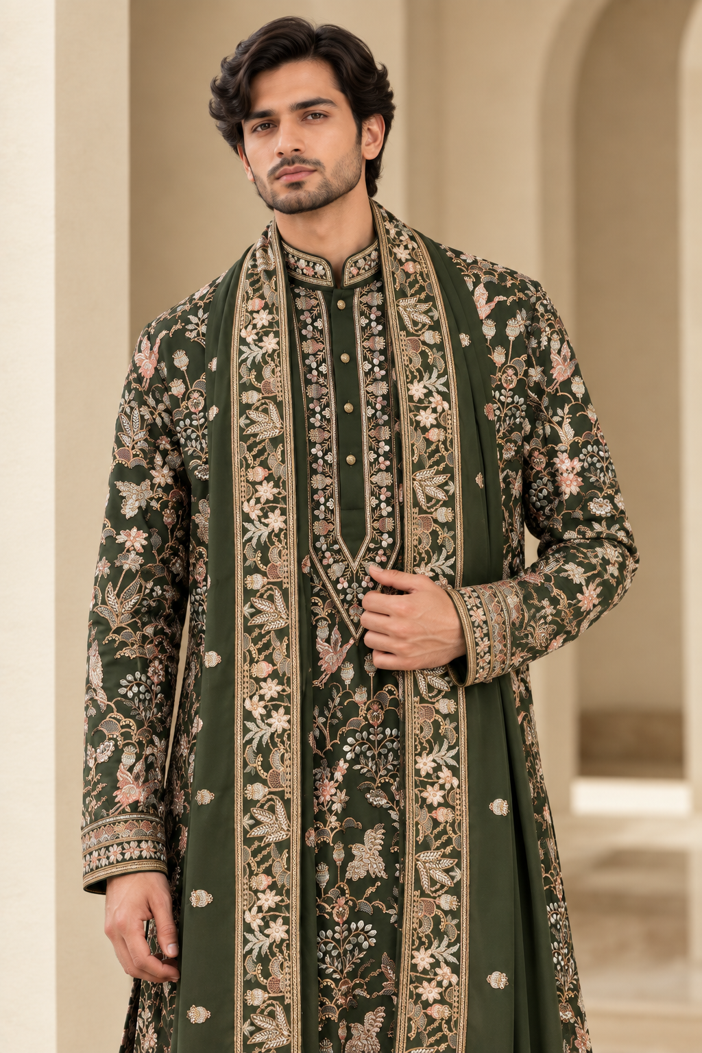 Regal Olive Green Embroidered Kurta Set