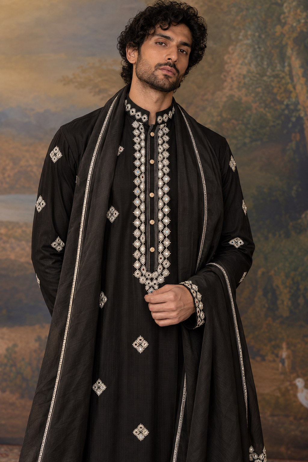Midnight Black Embroidered Kurta Set with Dupatta