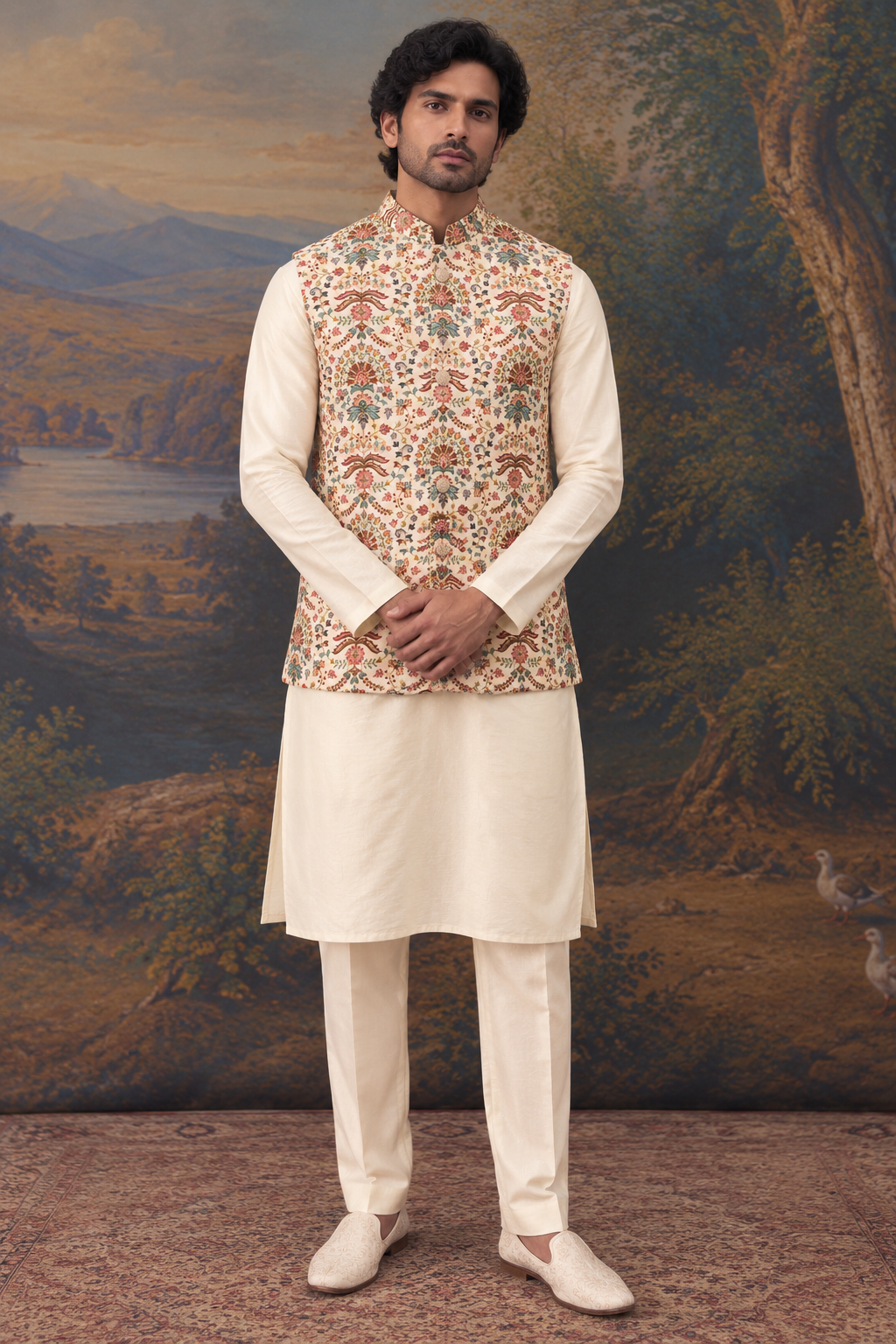 Ivory Floral Printed Kurta & Waistcoat Set