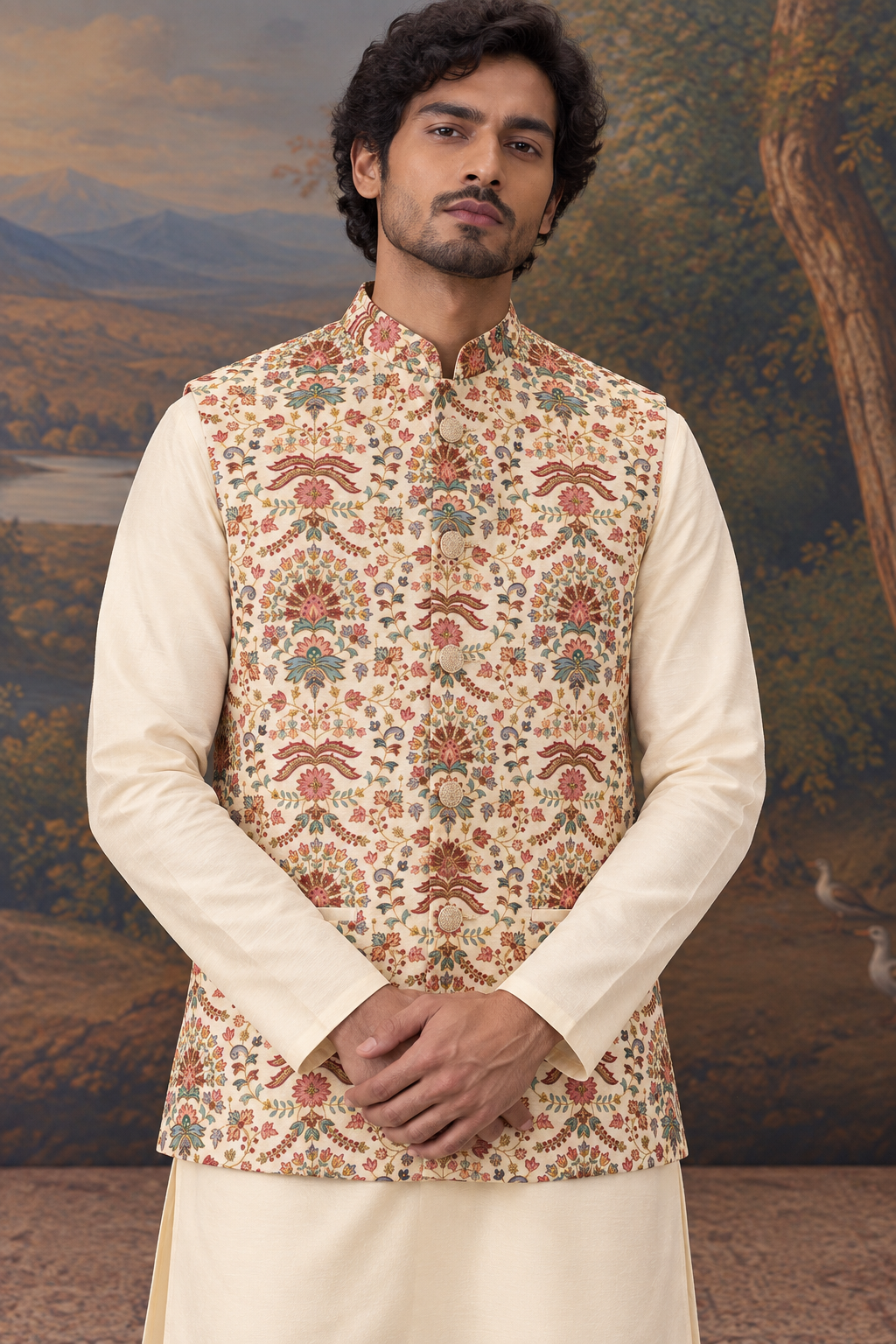 Ivory Floral Printed Kurta & Waistcoat Set