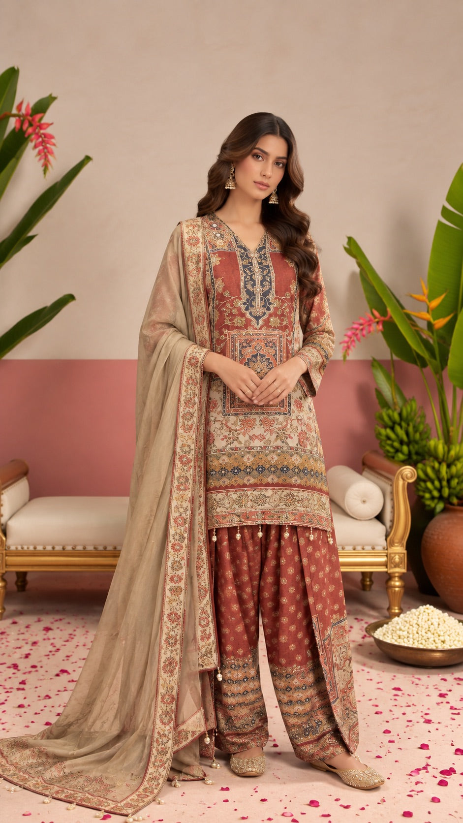 Mehfil Rust Embroidered Suit Set