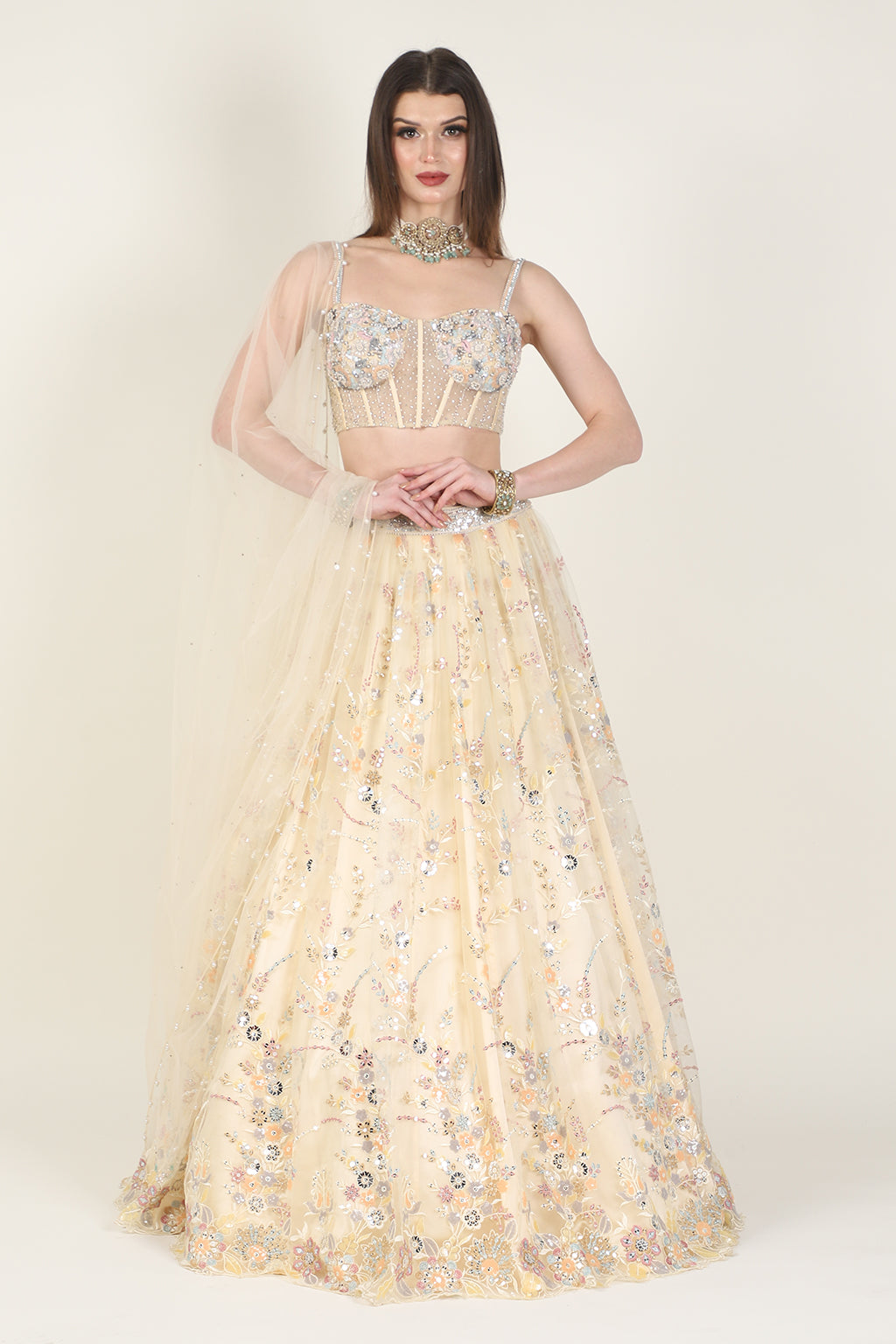 Embellished Corset-Style Blouse & Draped Skirt Set