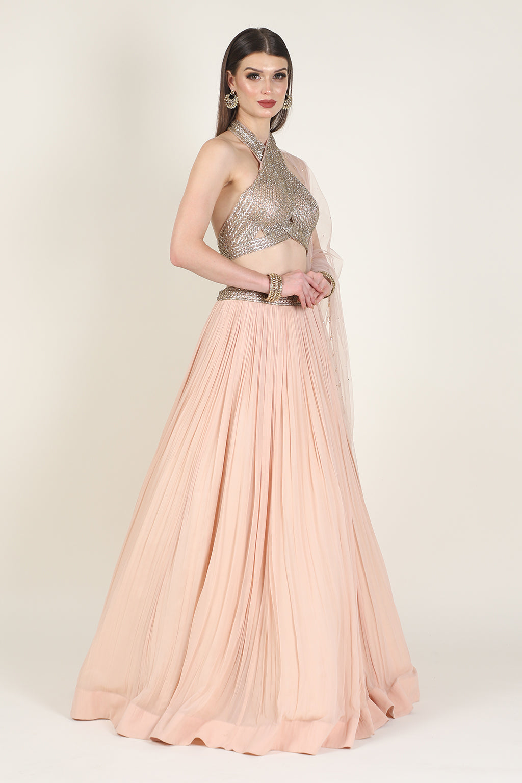 GOLDEN EMB TOP WITH PEACH RUSSING SKIRT