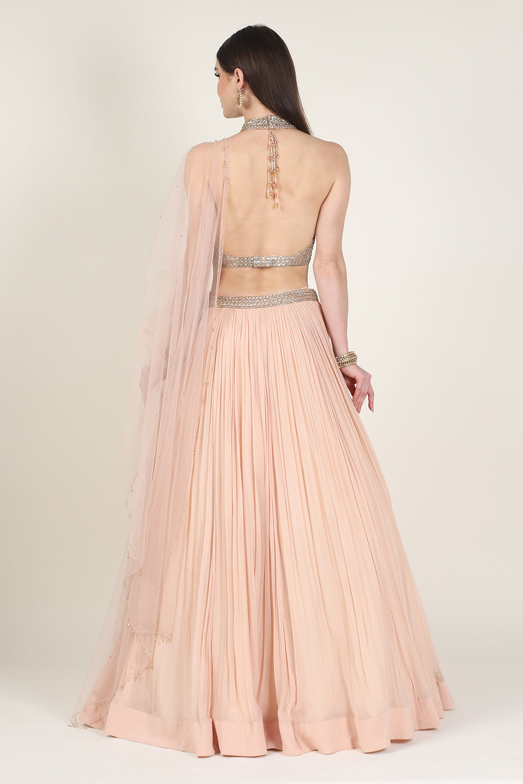 GOLDEN EMB TOP WITH PEACH RUSSING SKIRT