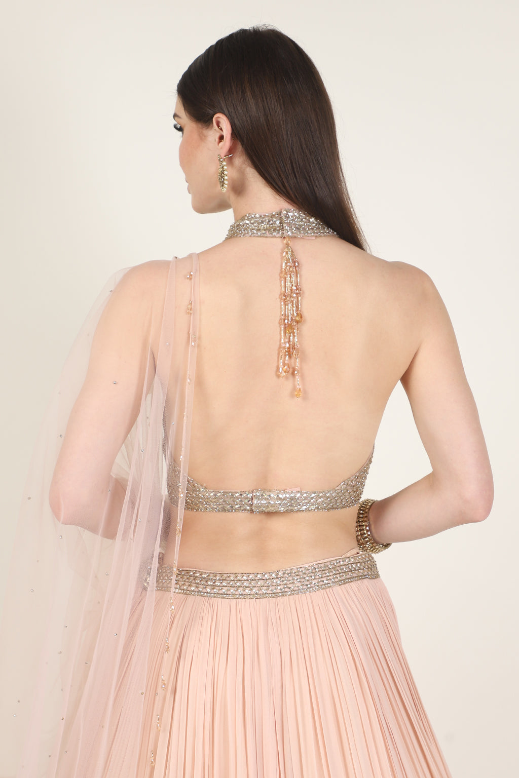 GOLDEN EMB TOP WITH PEACH RUSSING SKIRT