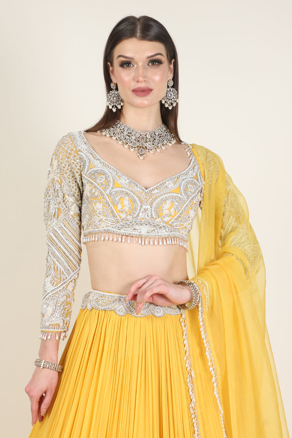 IVORY EMB FULL SLEEVE TOP WITH YELLOW RUSSING SKIRT