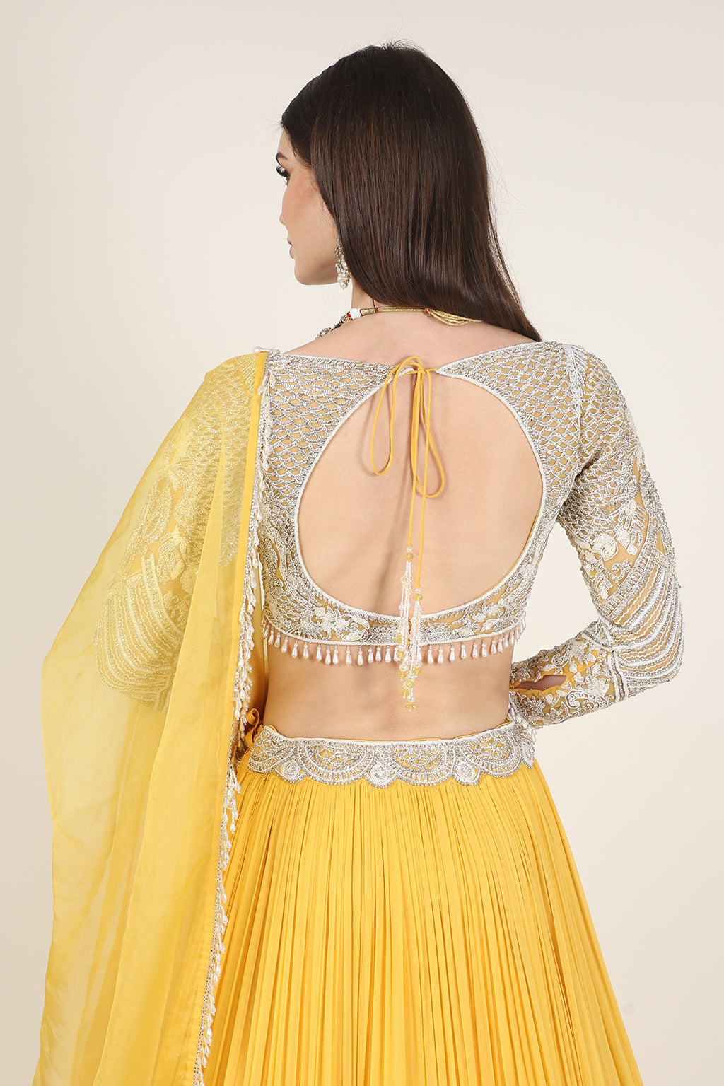 IVORY EMB FULL SLEEVE TOP WITH YELLOW RUSSING SKIRT