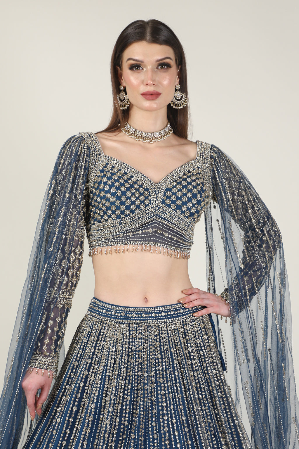 NAVY BLUE EMB TOP WITH CAPE SKIRT