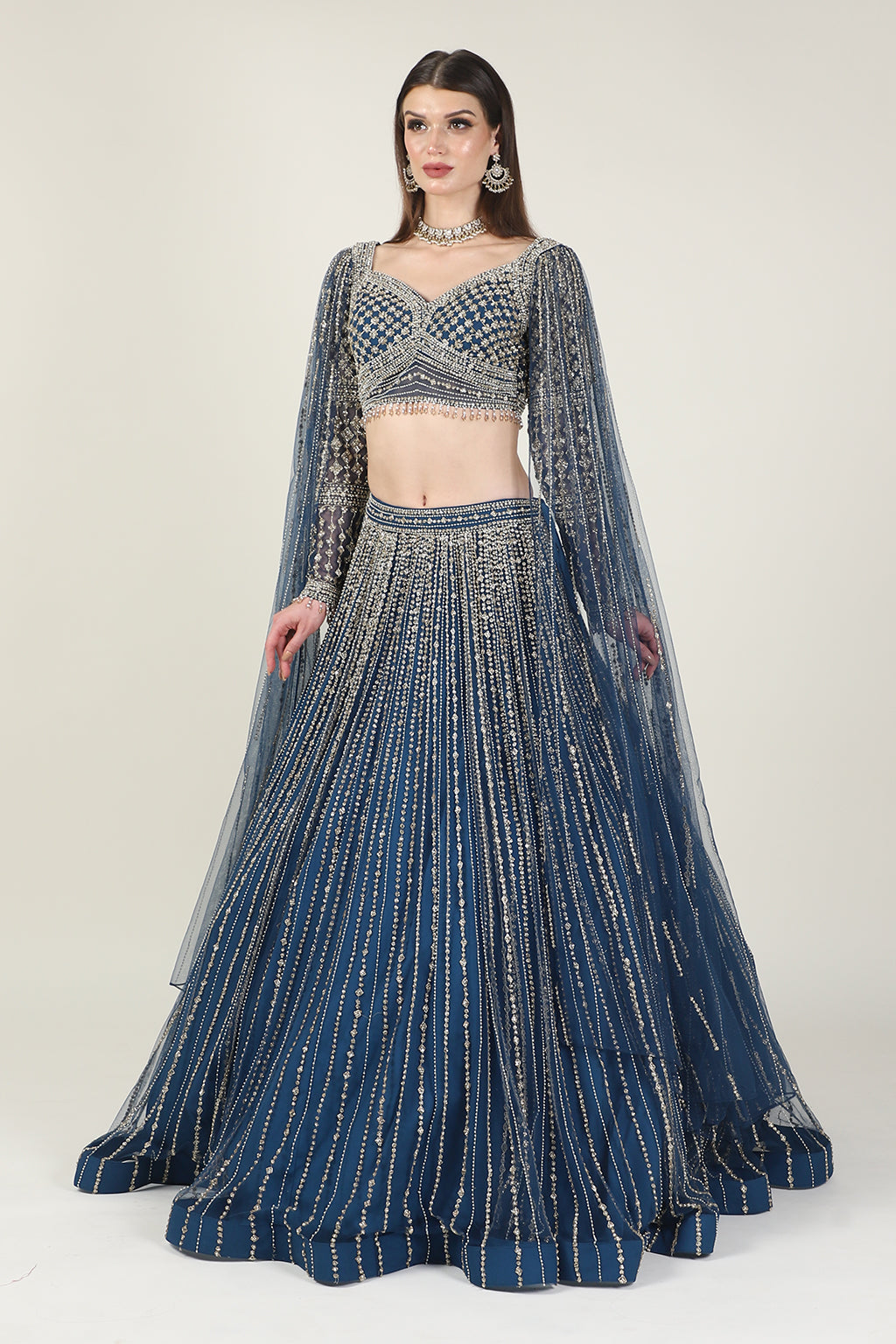 NAVY BLUE EMB TOP WITH CAPE SKIRT
