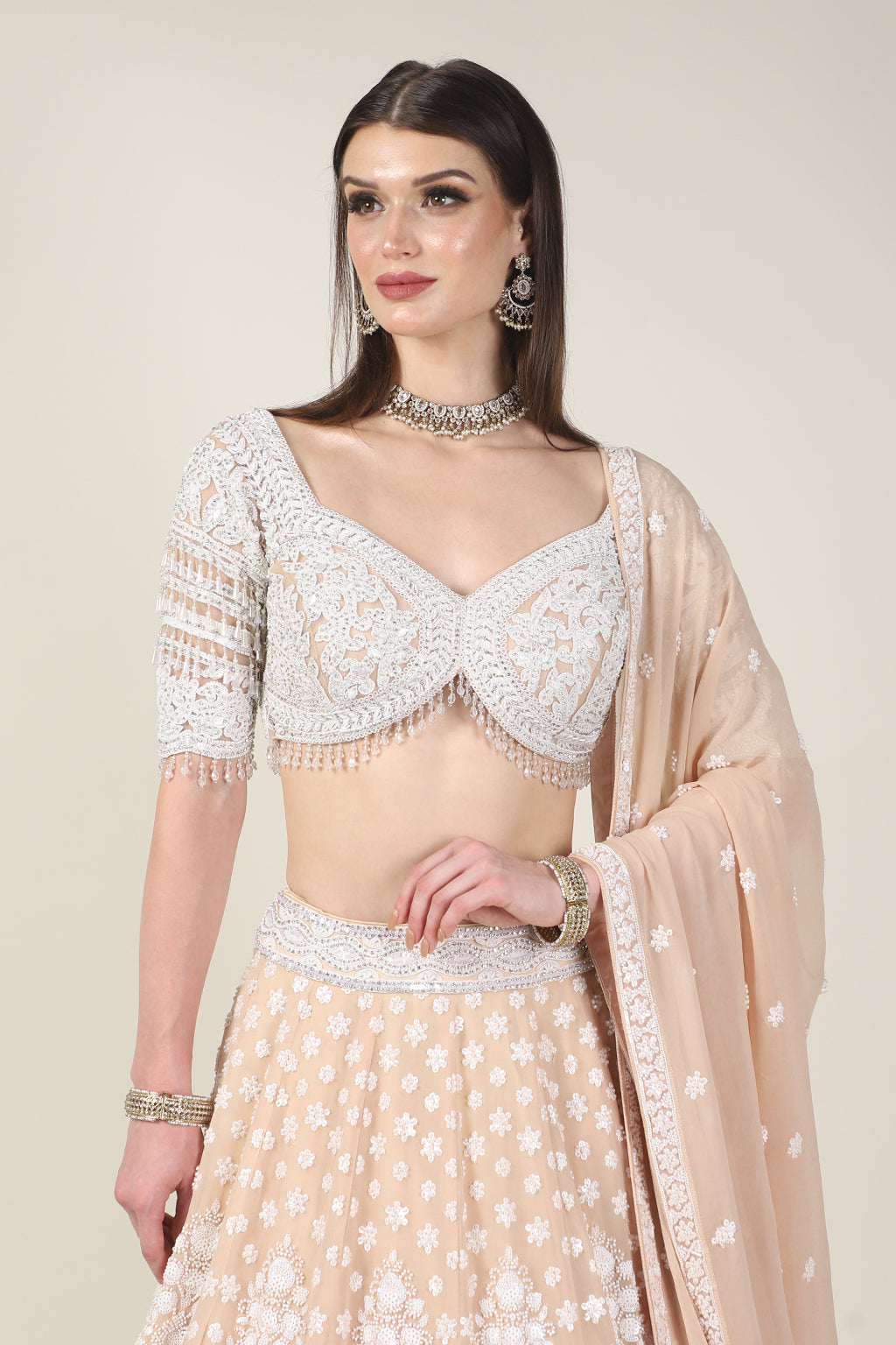 LIGHT PINK EMB FULL SLEEVE TOP WITH EMB SKIRT