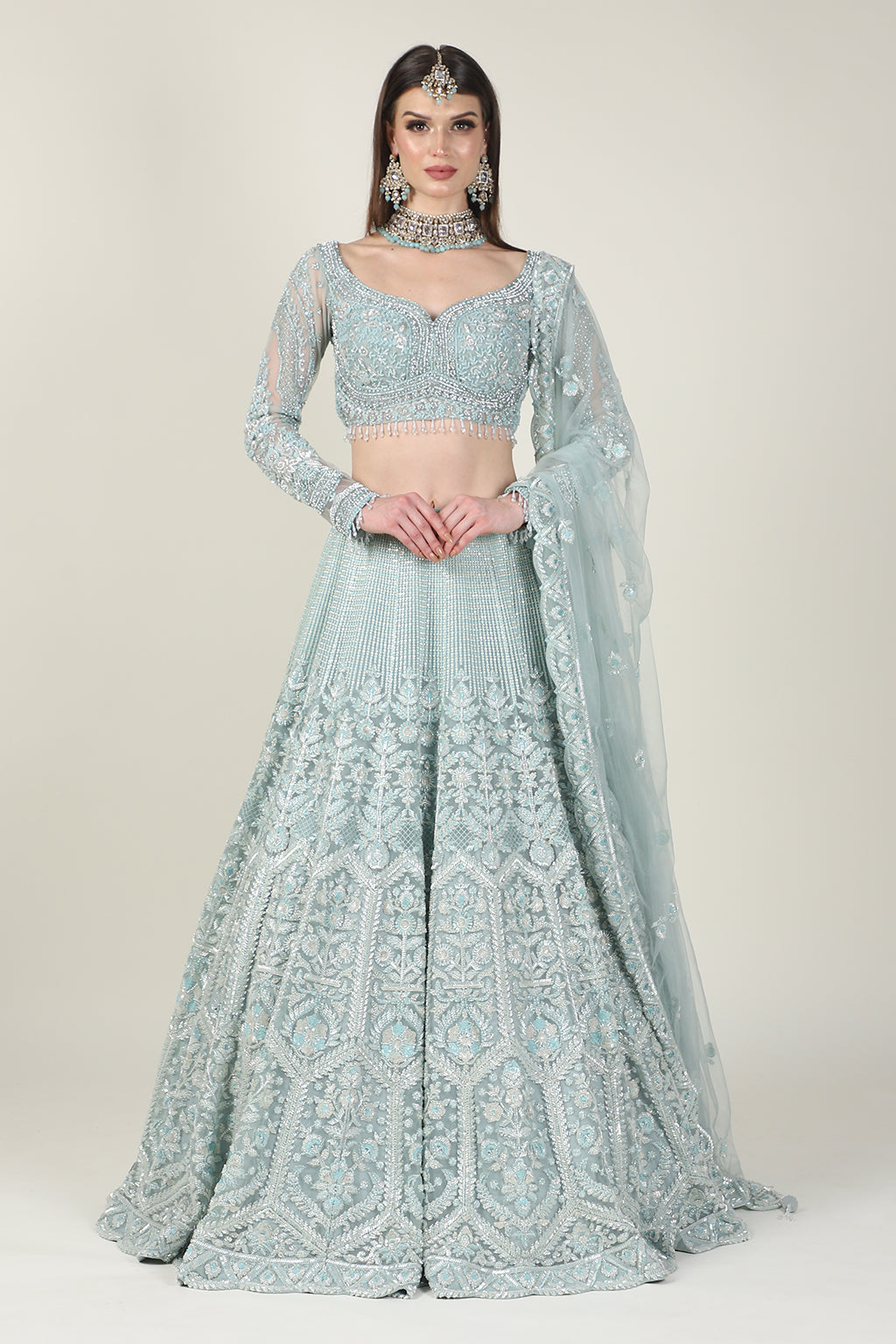 ICE BLUE EMB FULL SLEEVE TOP WITH EMB SKIRT
