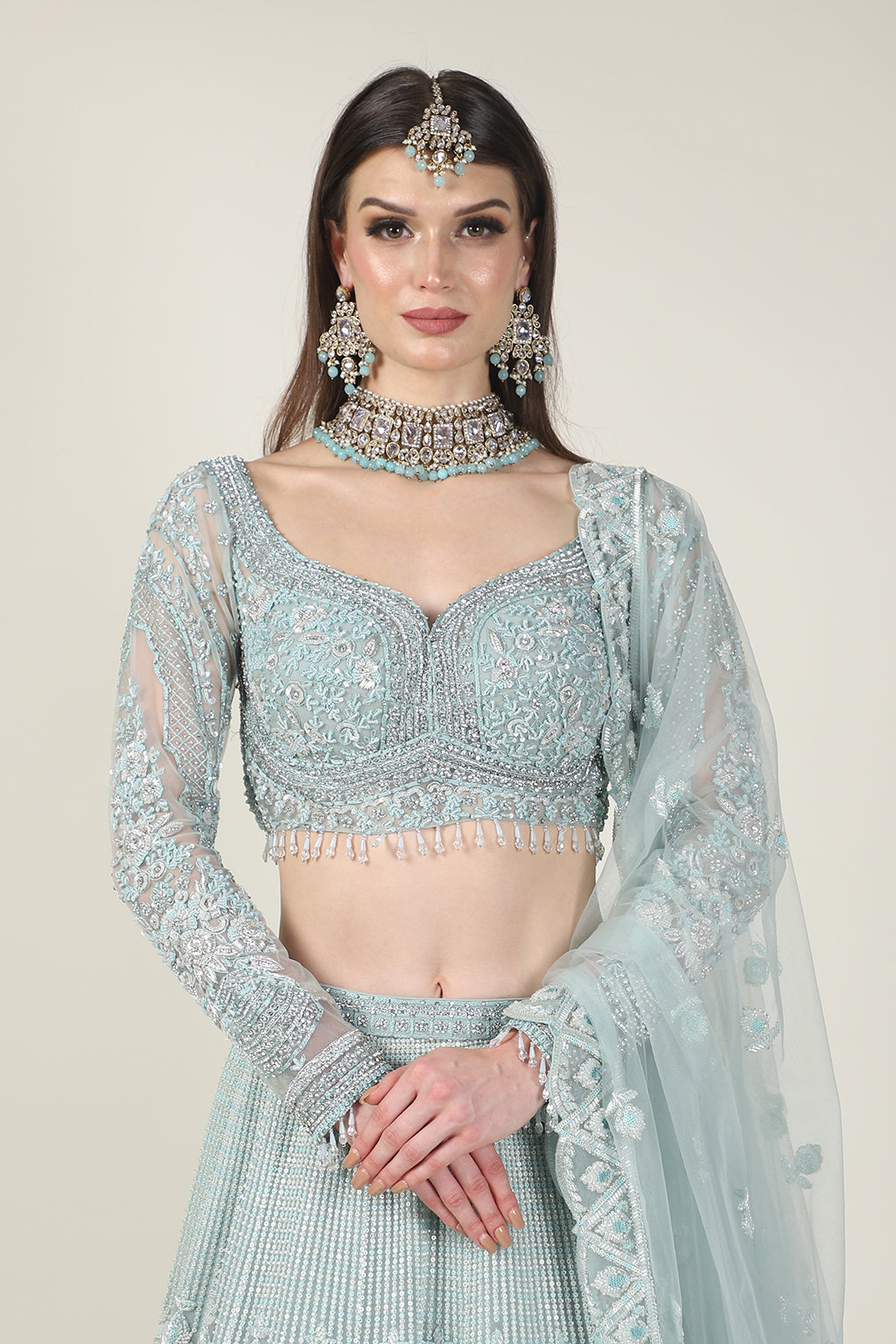 ICE BLUE EMB FULL SLEEVE TOP WITH EMB SKIRT