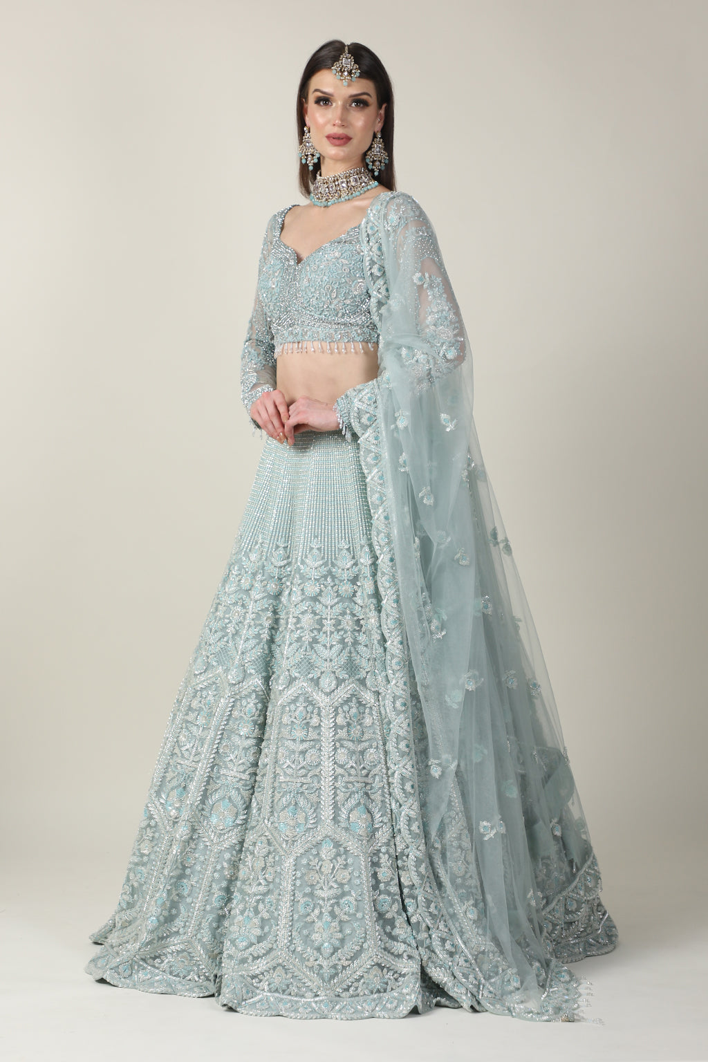 ICE BLUE EMB FULL SLEEVE TOP WITH EMB SKIRT