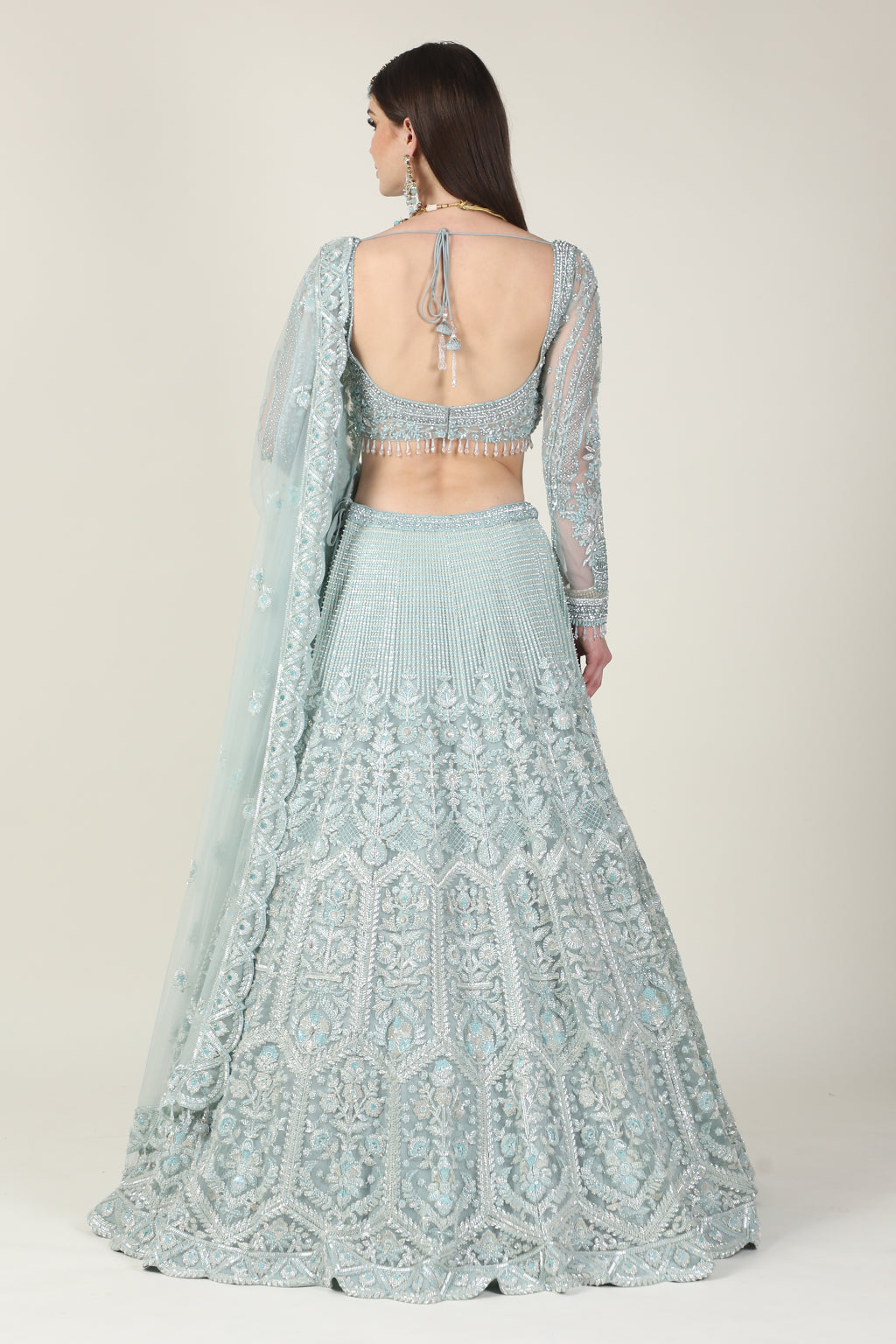 ICE BLUE EMB FULL SLEEVE TOP WITH EMB SKIRT