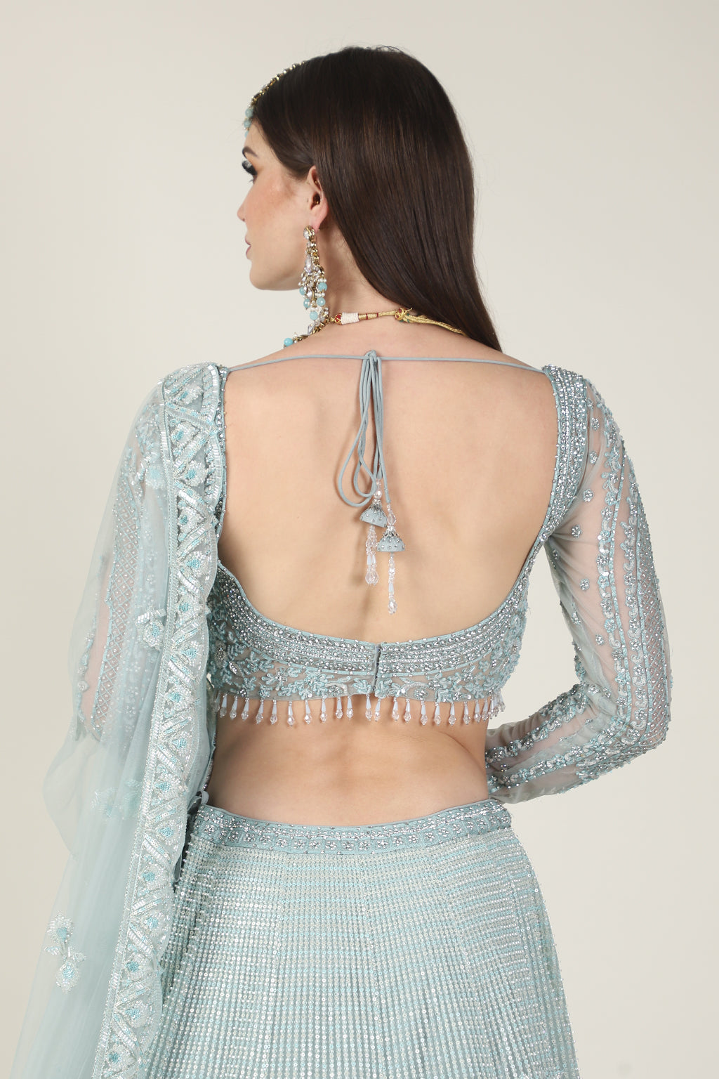 ICE BLUE EMB FULL SLEEVE TOP WITH EMB SKIRT