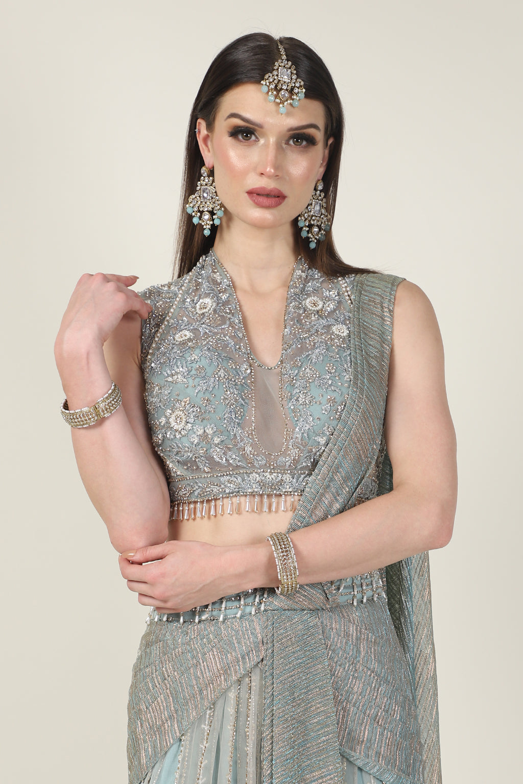 ICE BLUE & GOLD DRAPE SAREE