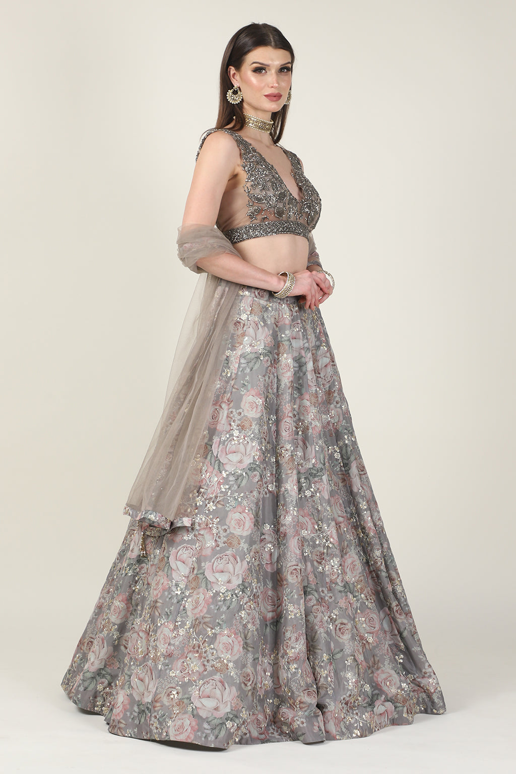 GREY EMB TOP WITH PRINTED ZARI SKIRT