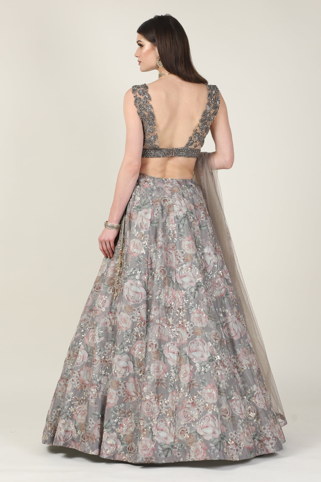GREY EMB TOP WITH PRINTED ZARI SKIRT