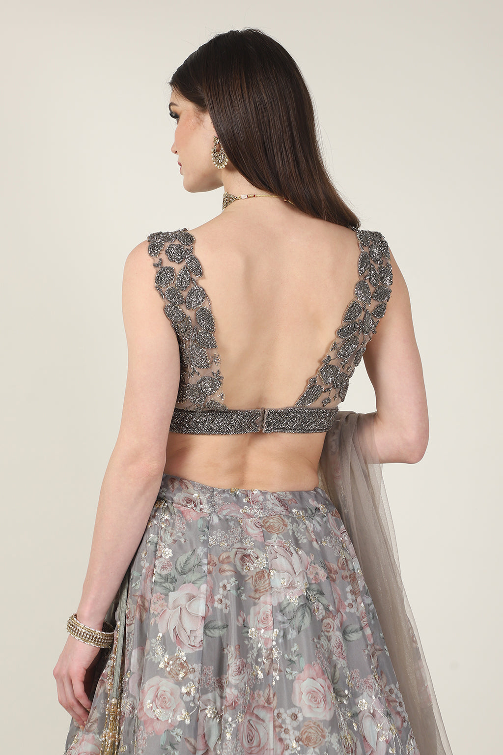 GREY EMB TOP WITH PRINTED ZARI SKIRT