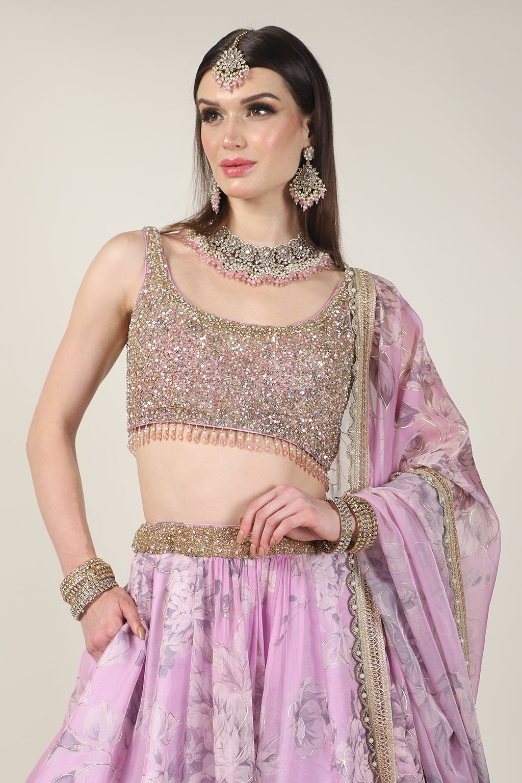 GOLDEN EMB TOP WITH PINK PRINTED SKIRT
