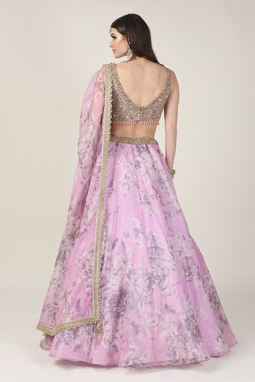 GOLDEN EMB TOP WITH PINK PRINTED SKIRT