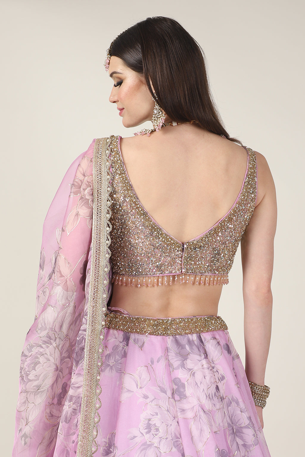 GOLDEN EMB TOP WITH PINK PRINTED SKIRT