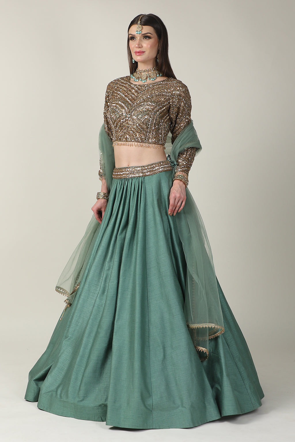 GOLDEN EMB FULL SLEEVE TOP WITH SAGE GREEN SKIRT