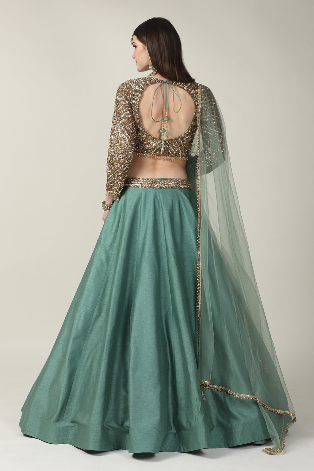 GOLDEN EMB FULL SLEEVE TOP WITH SAGE GREEN SKIRT