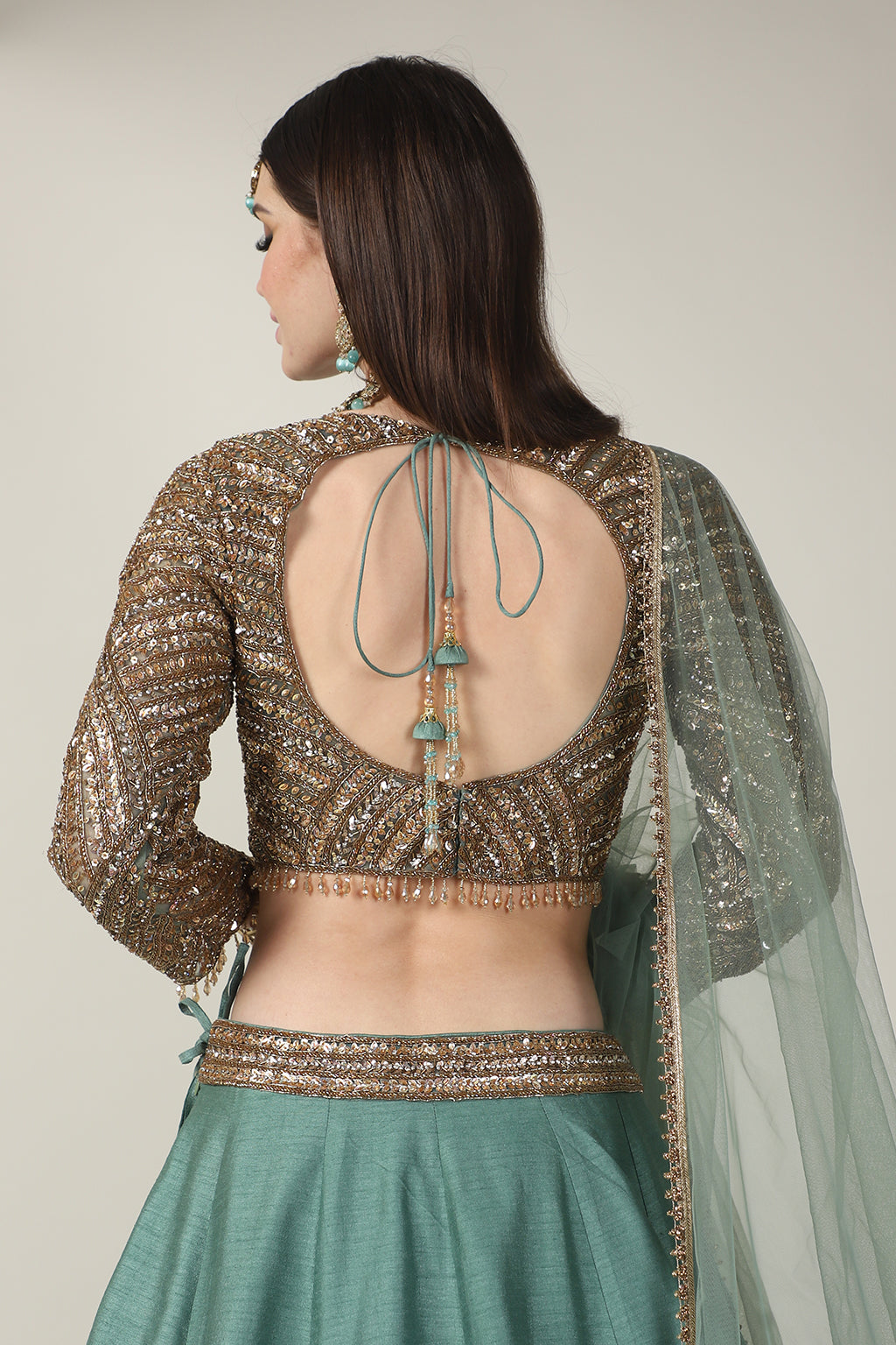 GOLDEN EMB FULL SLEEVE TOP WITH SAGE GREEN SKIRT