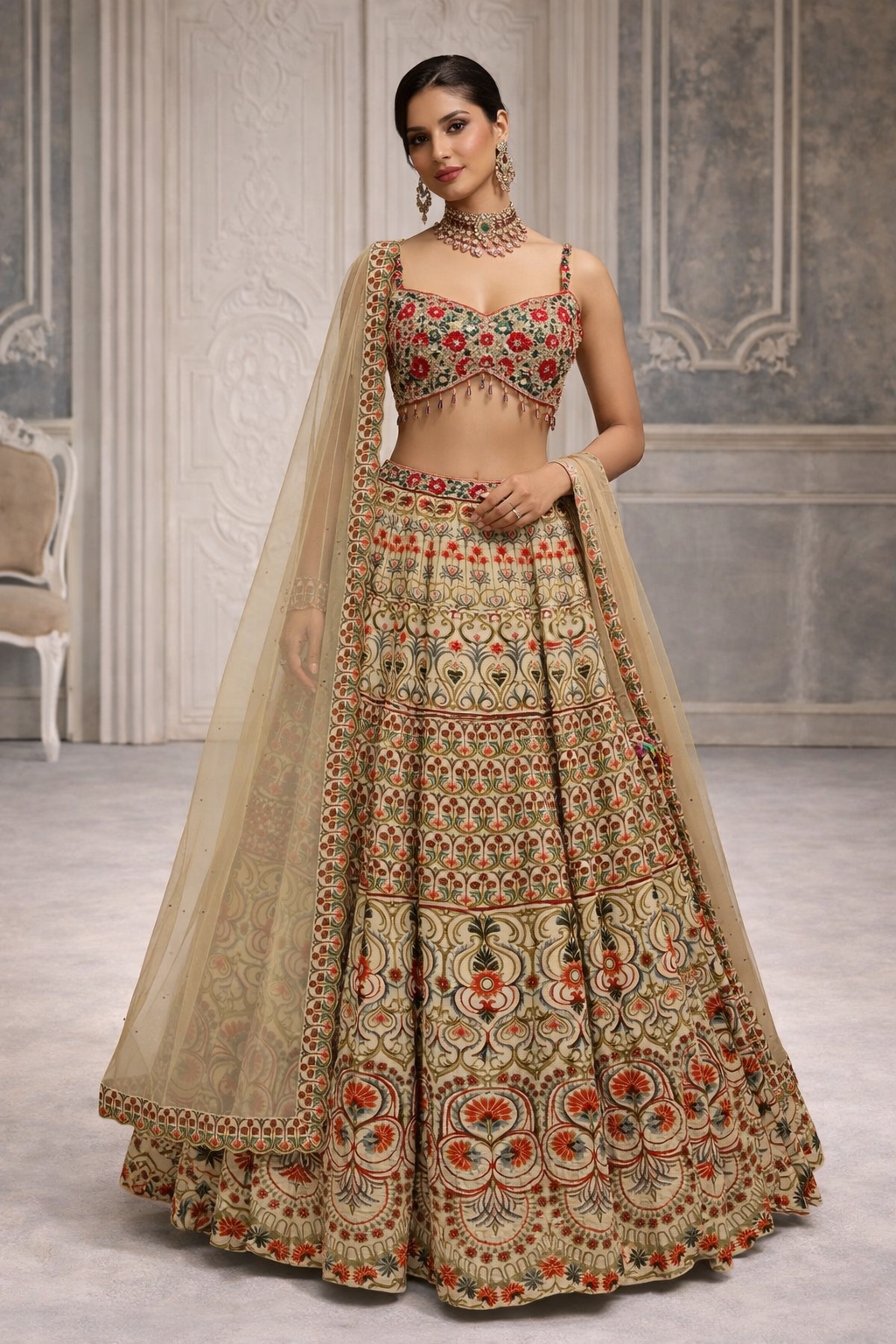 Multi-coloured Embroidered top with floral printed skirt