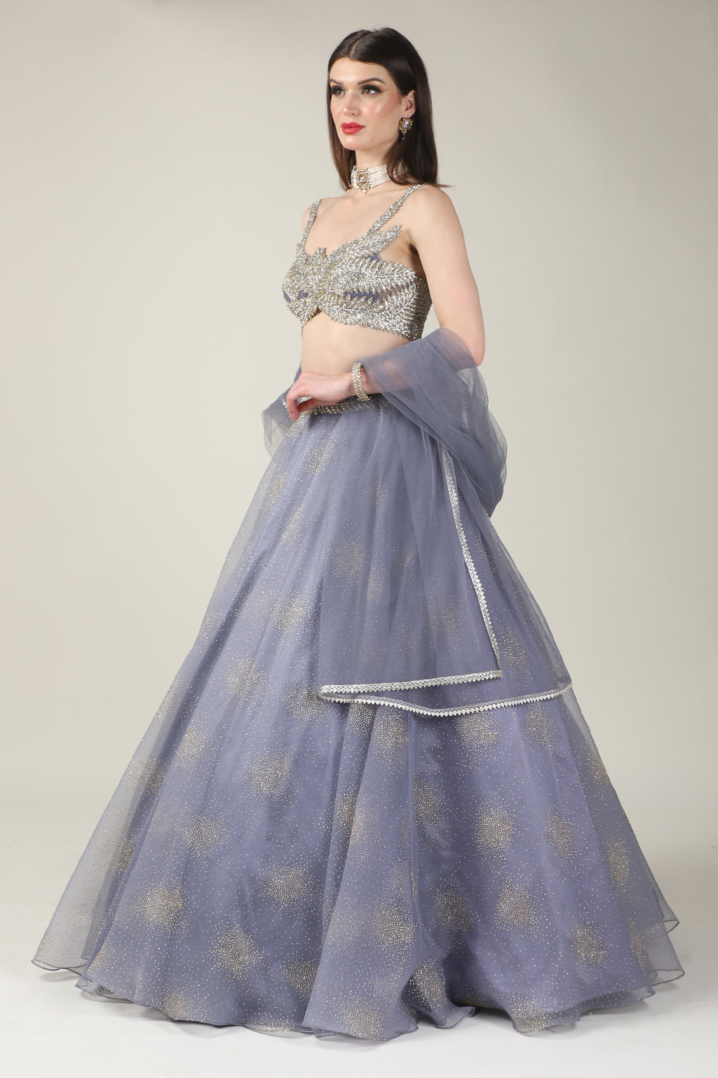 EMB TOP WITH BLUISH GREY SKIRT