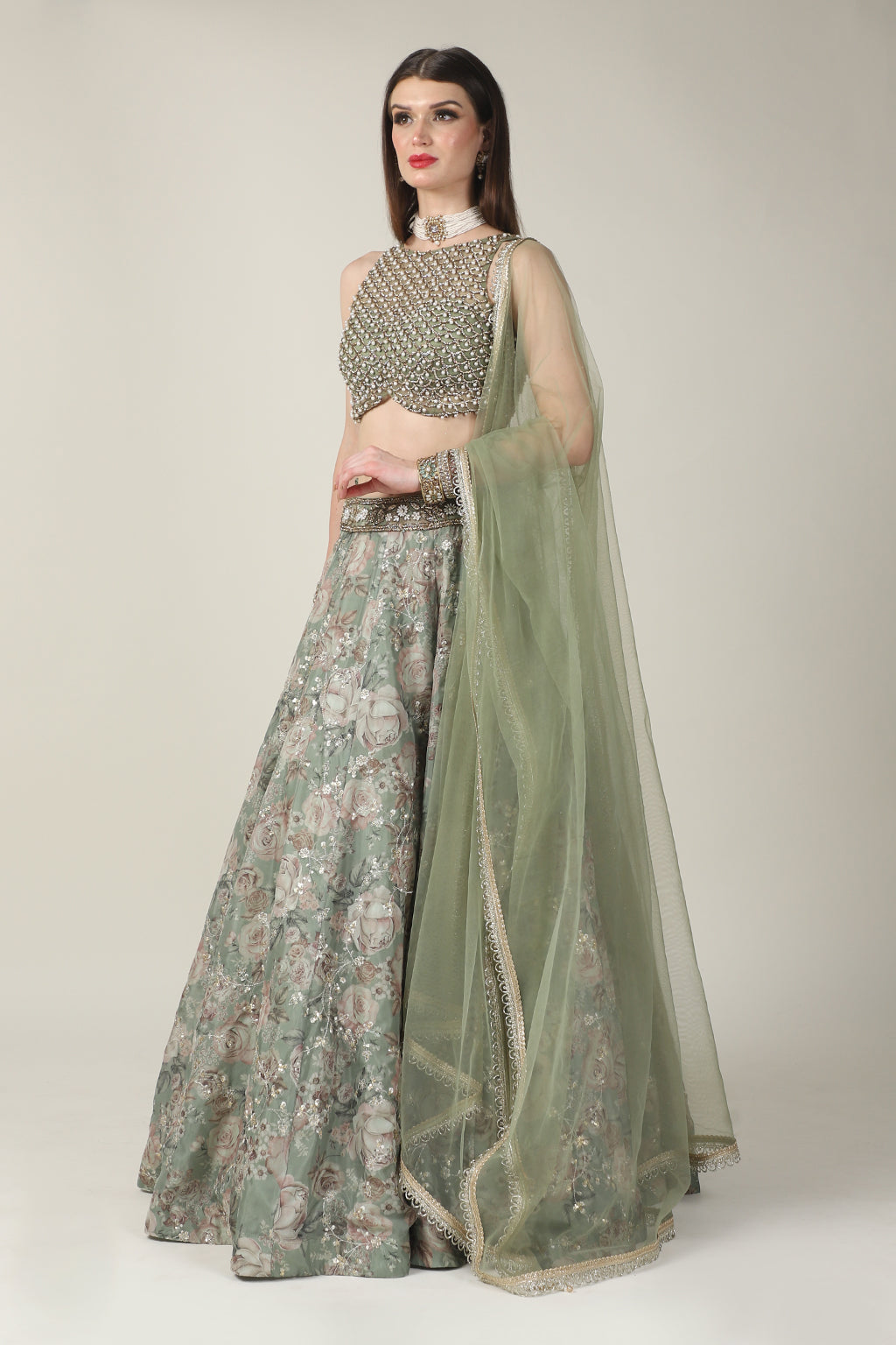 EMB PEARL TOP WITH GREEN SKIRT