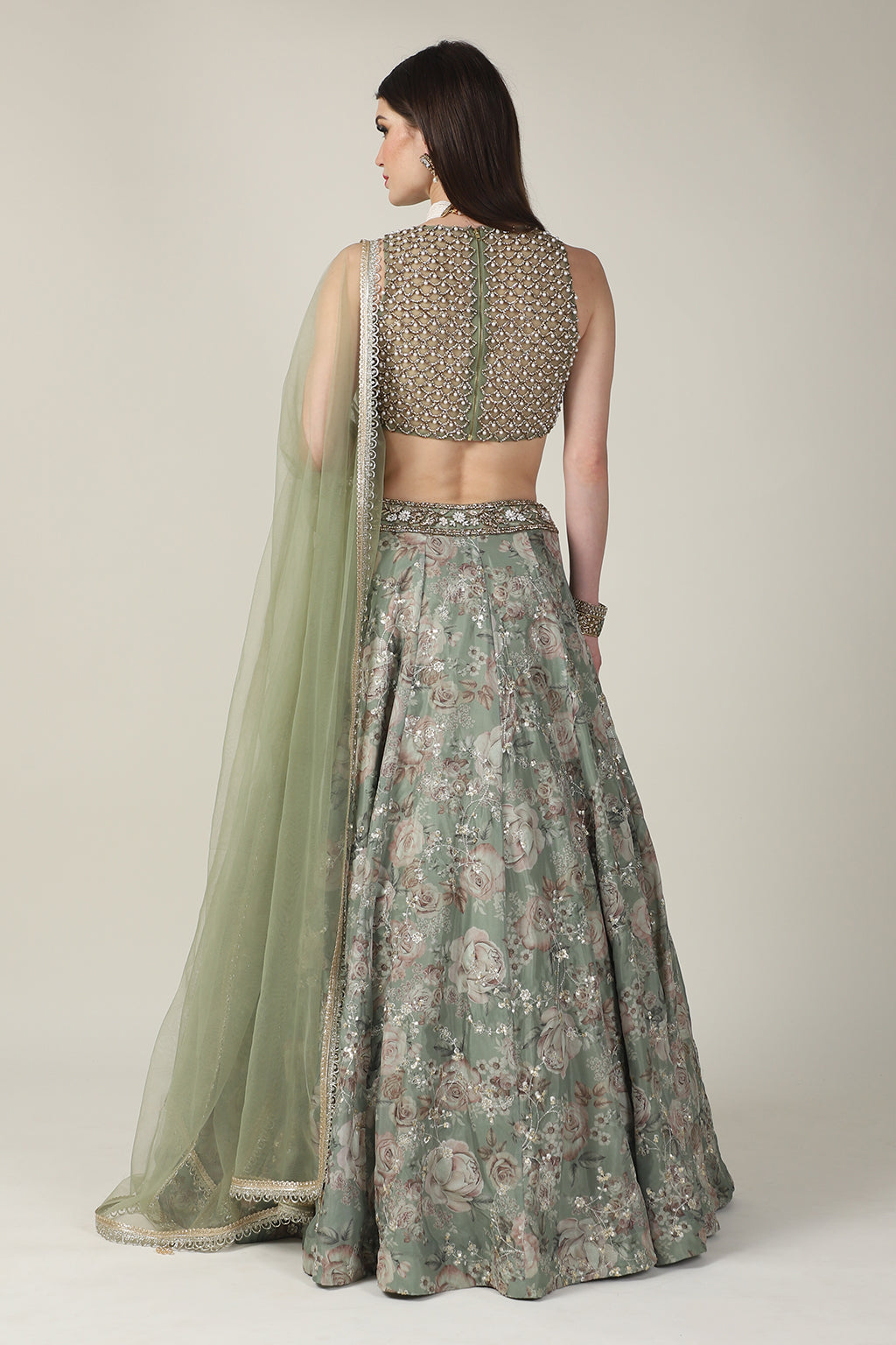 EMB PEARL TOP WITH GREEN SKIRT