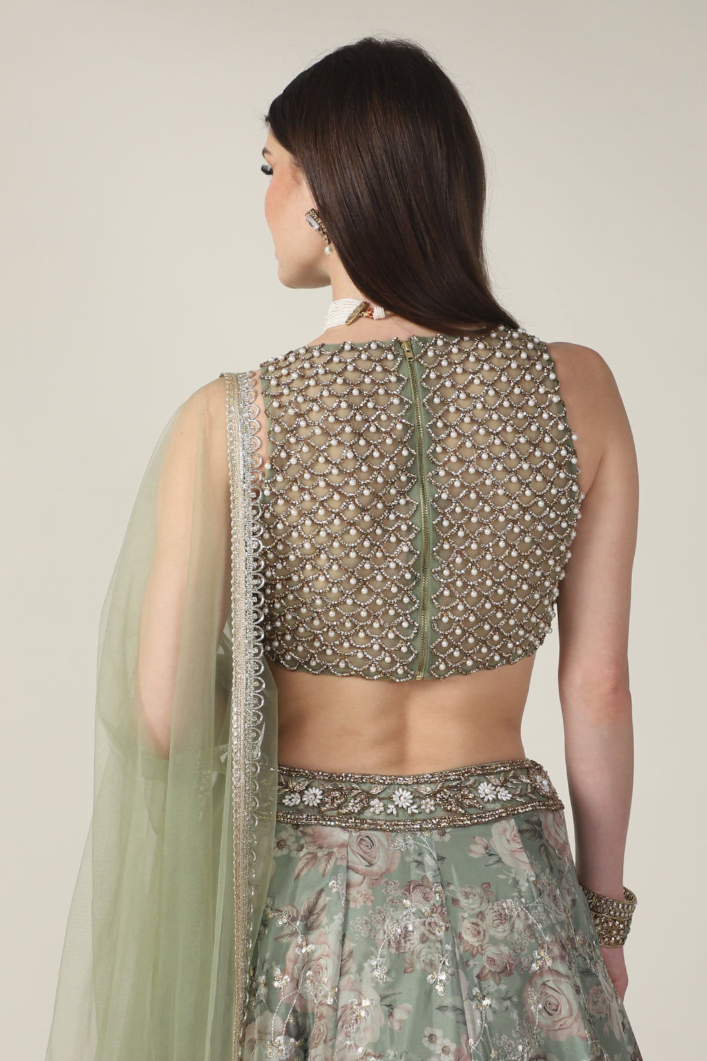 EMB PEARL TOP WITH GREEN SKIRT