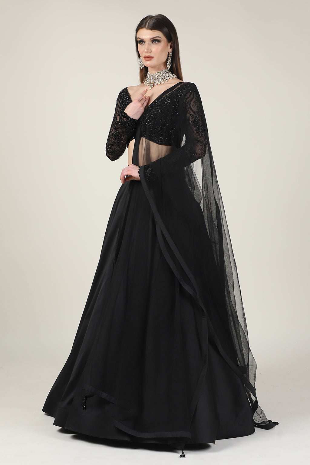 BLACK EMB FULL SLEEVE TOP WITH SKIRT