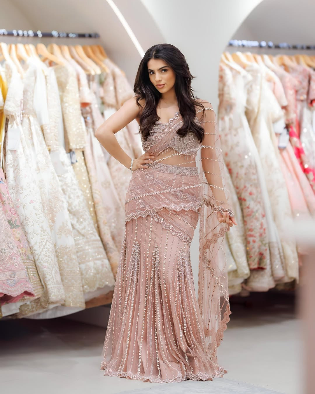 Jaya thandi In pink net fully embroidered pre-stitched saree