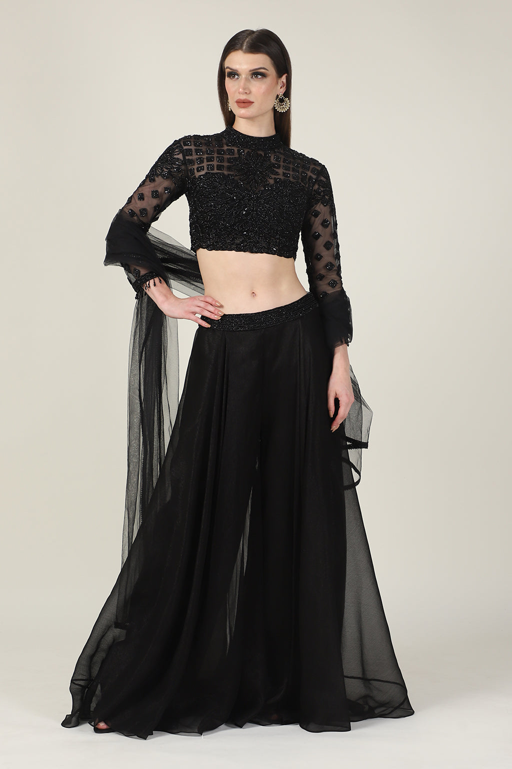 BLACK EMB FULL SLEEVE TOP WITH SHARARA