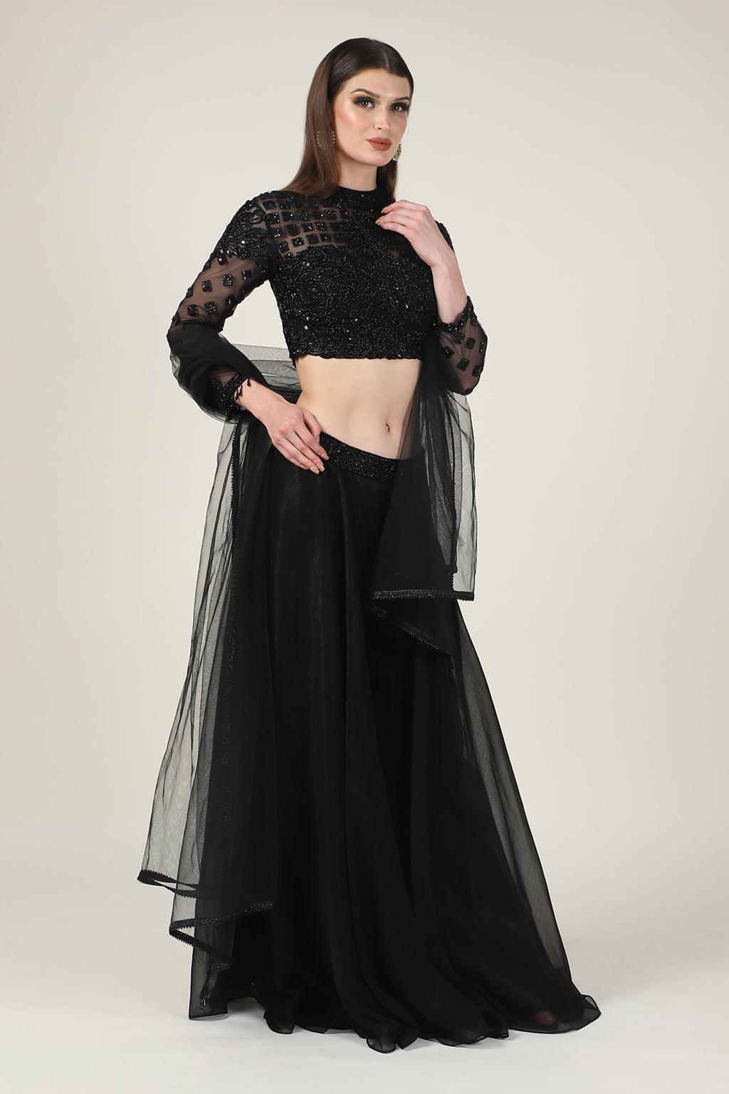BLACK EMB FULL SLEEVE TOP WITH SHARARA