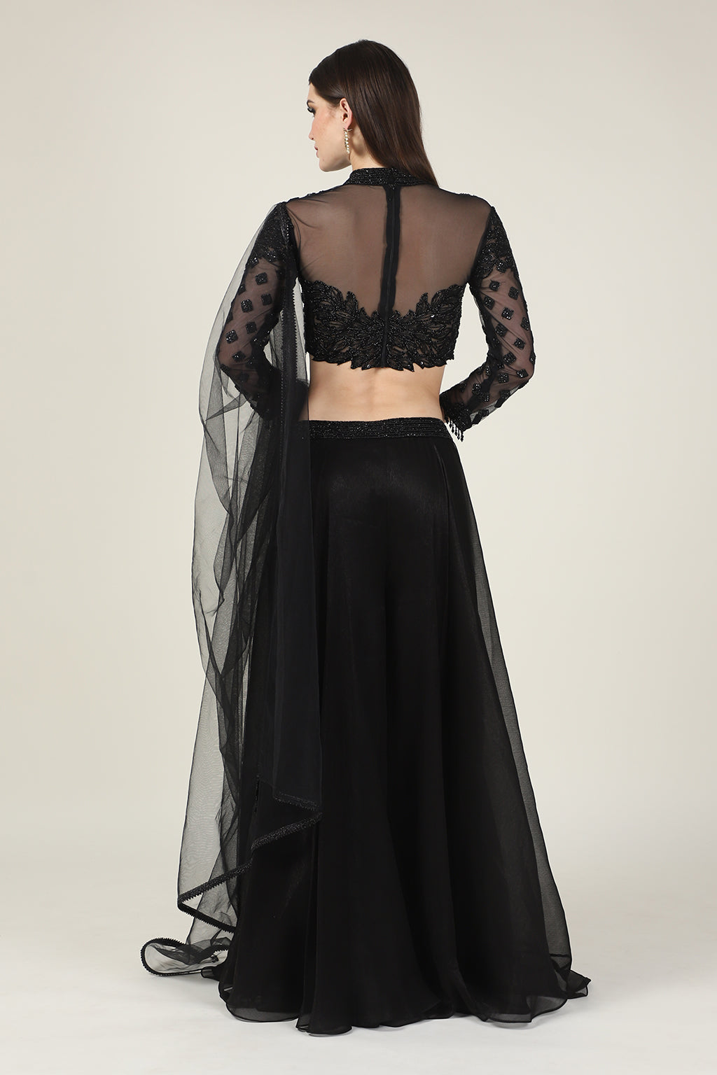 BLACK EMB FULL SLEEVE TOP WITH SHARARA