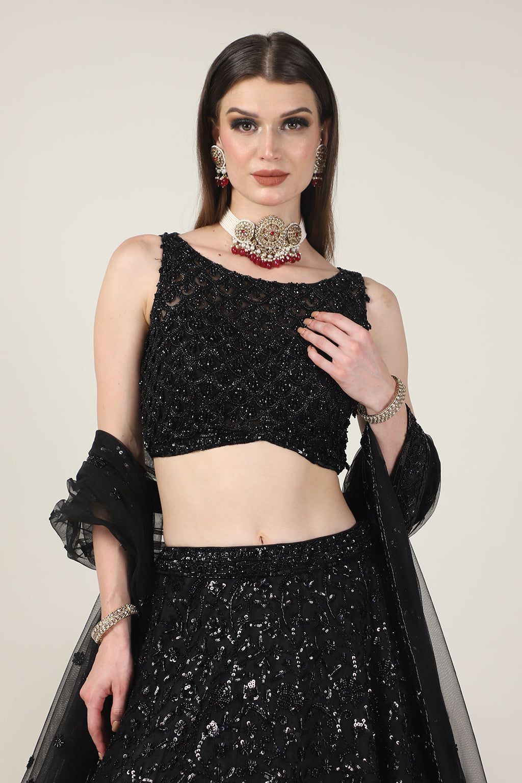 BLACK EMB TOP WITH EMB SKIRT