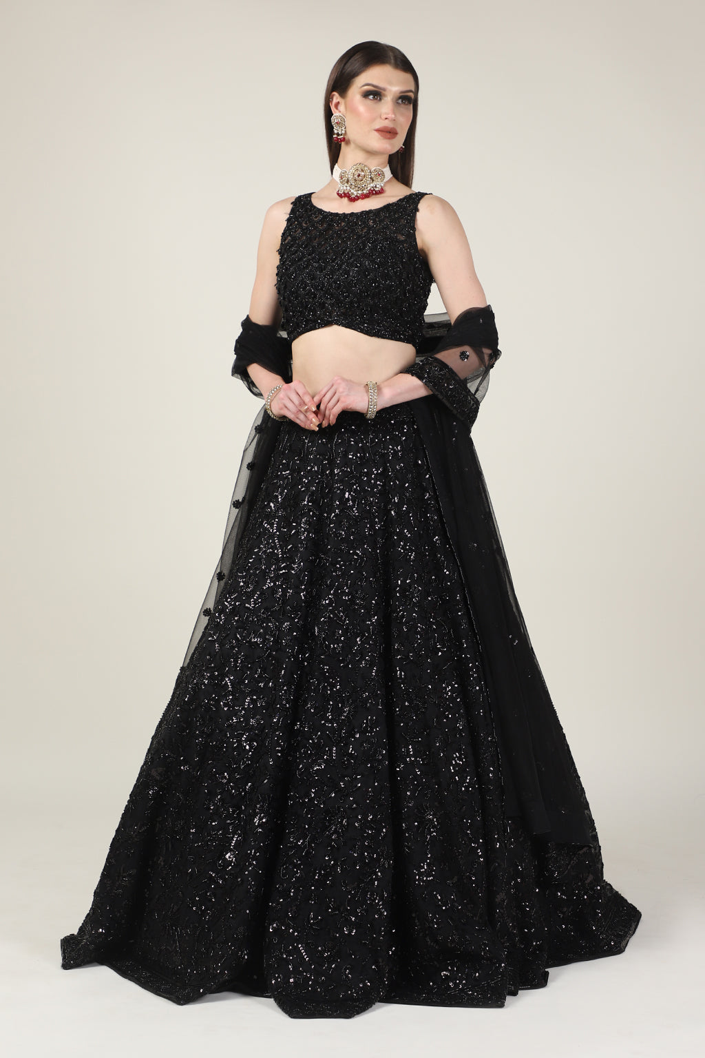 BLACK EMB TOP WITH EMB SKIRT