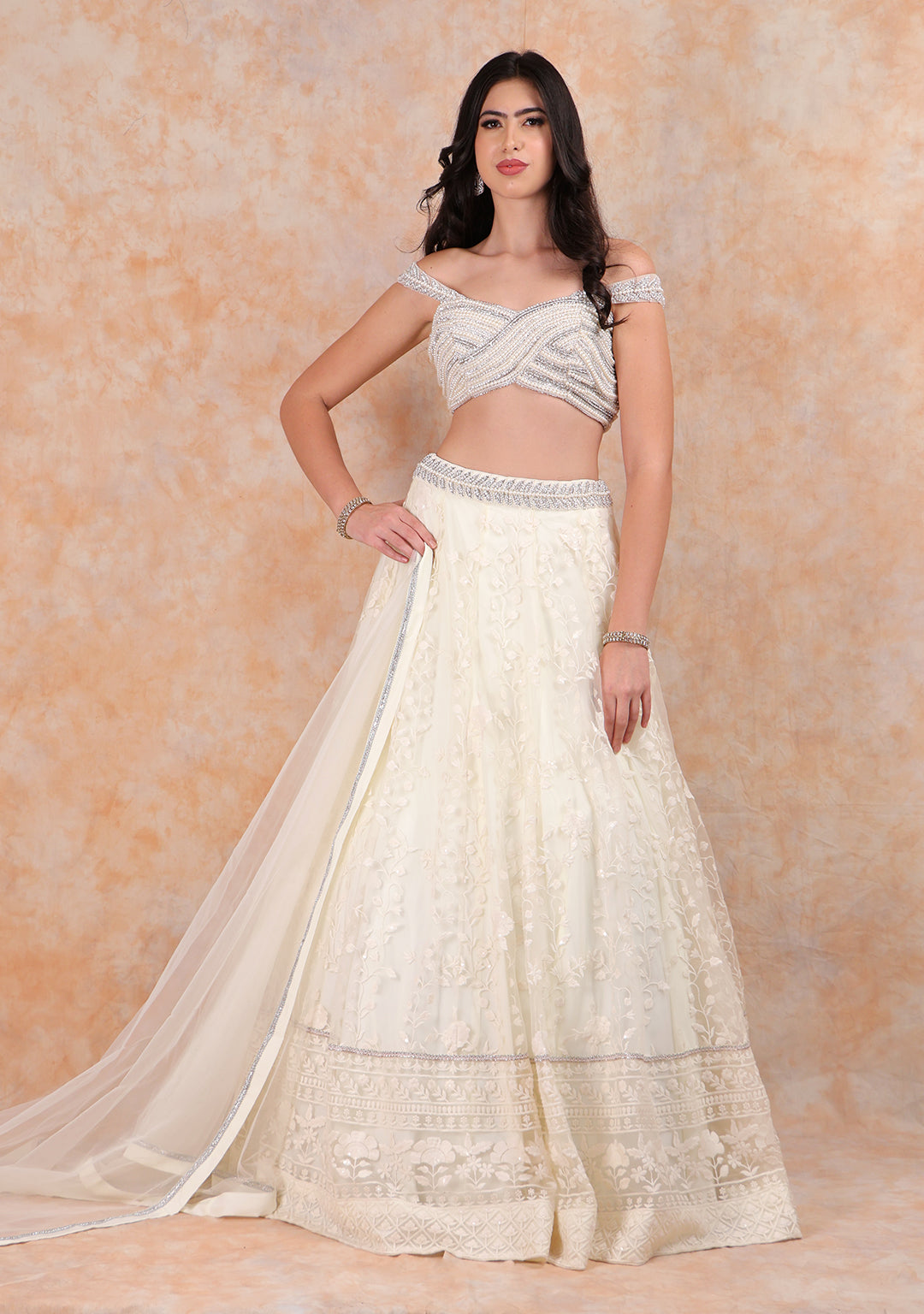 CREAM EMBROIDERED LEHENGA WITH ELEGANT TOP