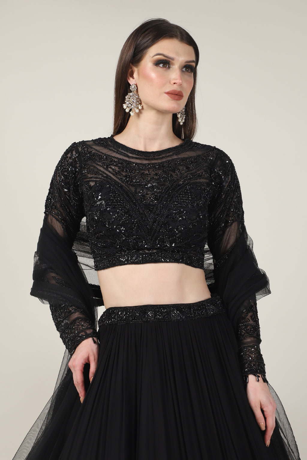 BLACK EMB FULL SLEEVE TOP WITH RUSSING SKIRT
