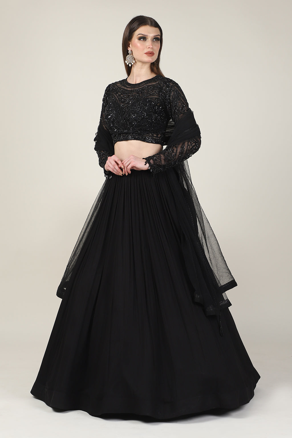 BLACK EMB FULL SLEEVE TOP WITH RUSSING SKIRT